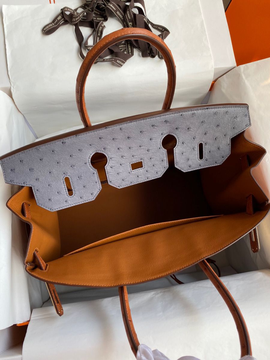 Hermes HSS Birkin 35 Bicolor Bag in Gris Agate and Gold Ostrich Leather - Image 7
