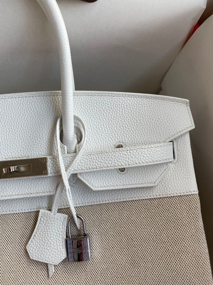Hermes Birkin 35 Handmade Bag In Toile & White Clemence Leather - Image 4