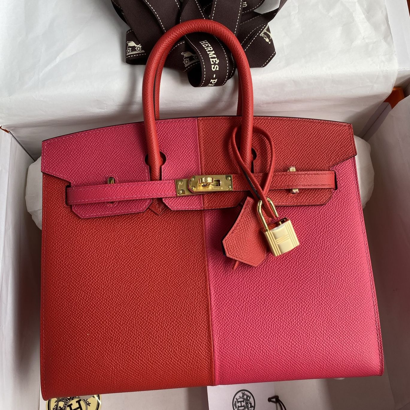 Hermes Birkin 25 Sellier Casaque Bag in Rose Extreme and Red Epsom Calfskin