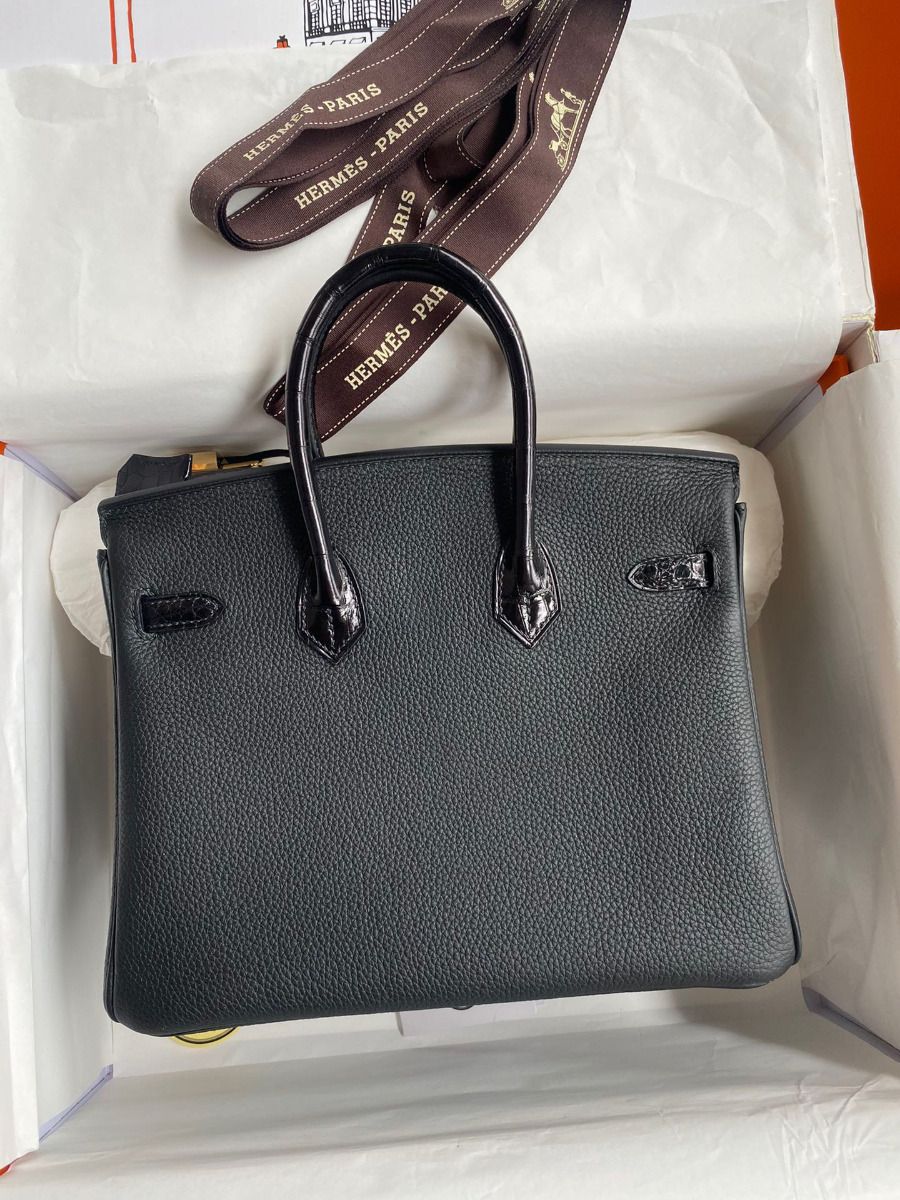 Hermes Touch Birkin 25 Bag in Black Togo and Shiny Alligator Leather - Image 3