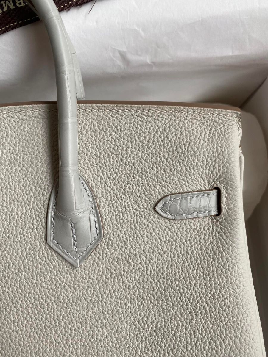 Hermes Touch Birkin 25 Bag in Pearl Grey Togo and Matte Alligator Leather - Image 5