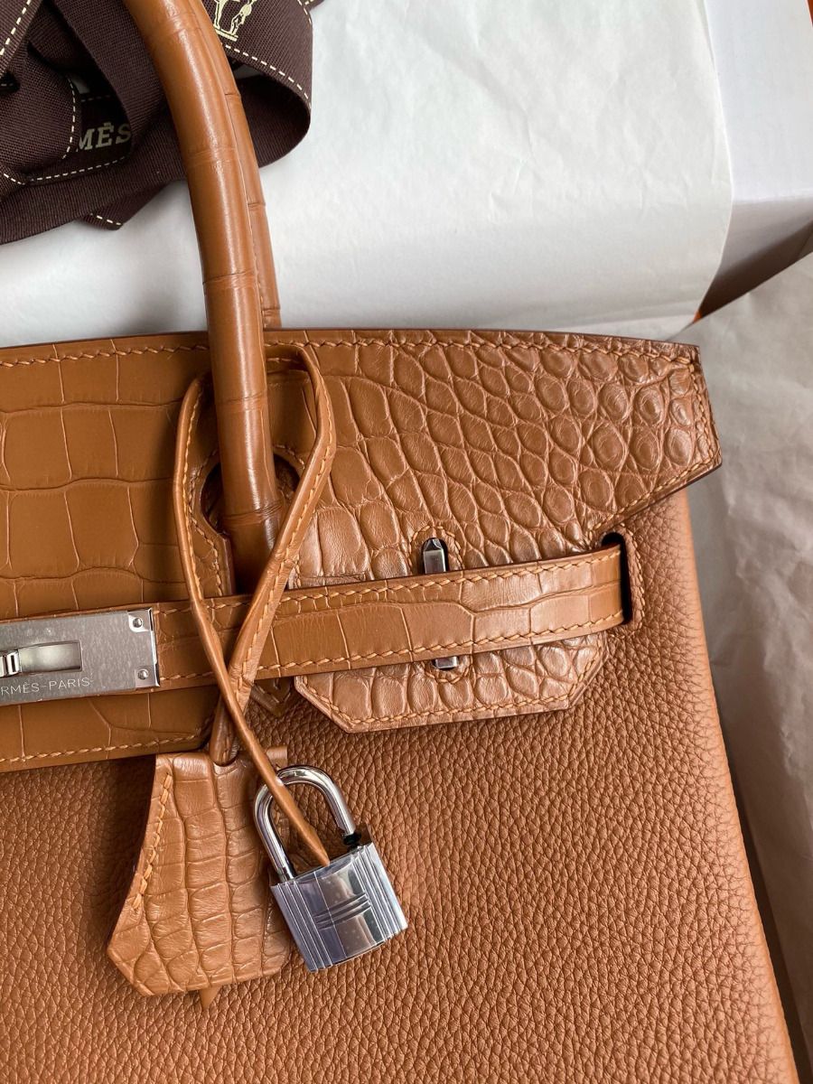Hermes Touch Birkin 30 Bag in Gold Clemence and Matte Alligator Leather - Image 4