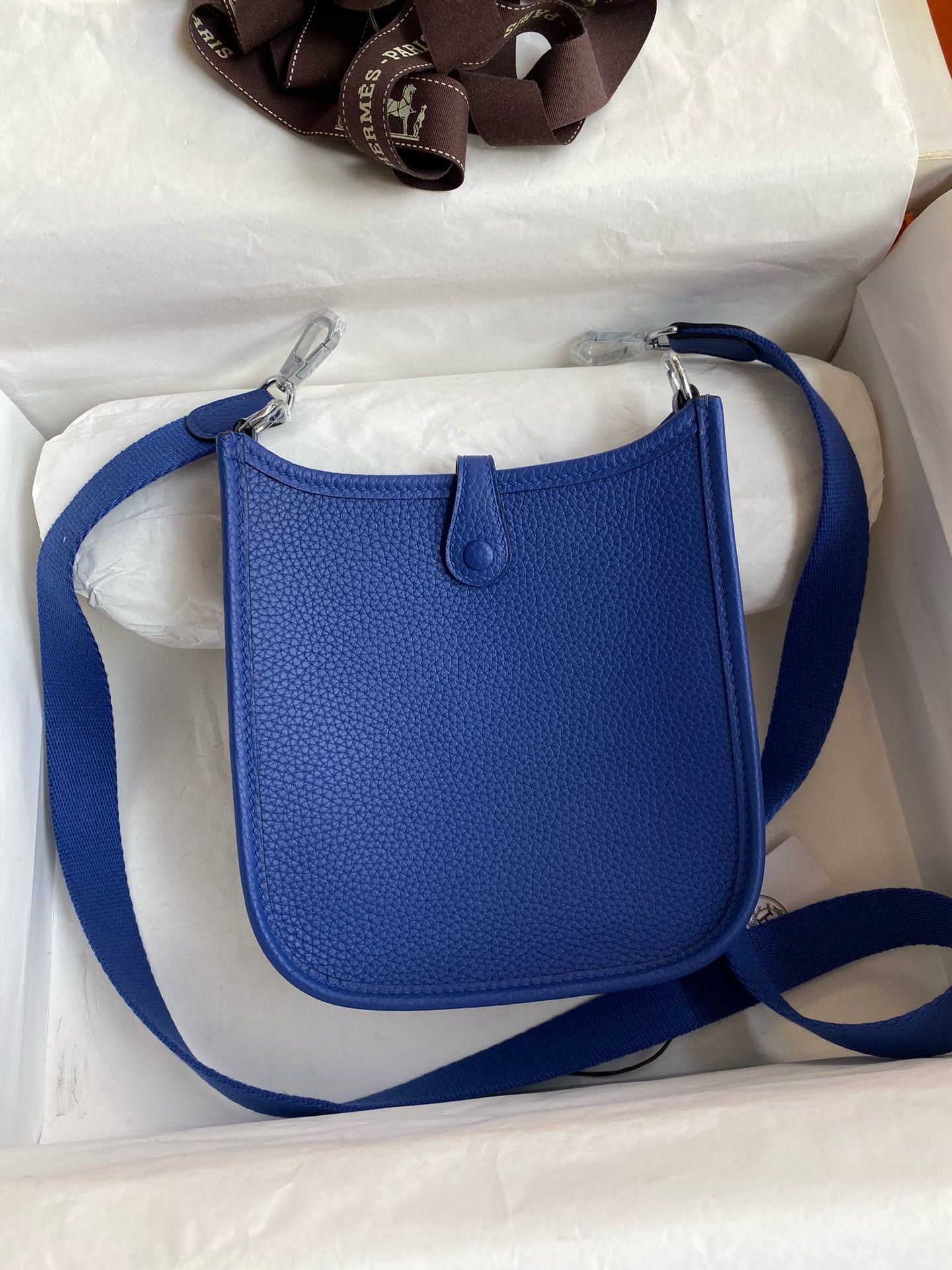 Hermes Evelyne Mini Handmade Bag in Blue Electric Clemence Leather - Image 3