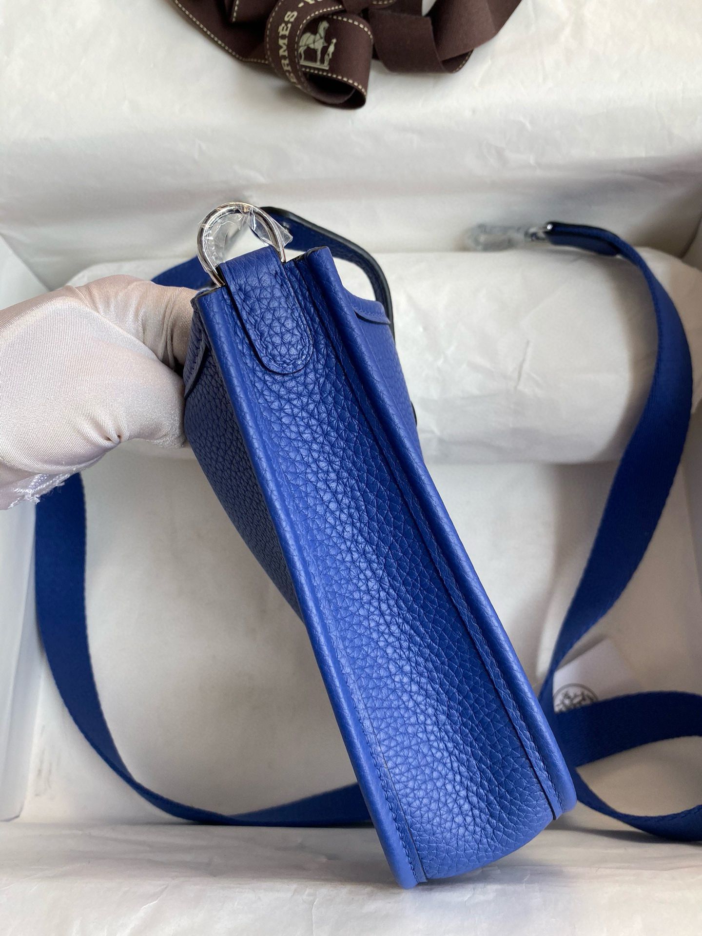 Hermes Evelyne Mini Handmade Bag in Blue Electric Clemence Leather - Image 6