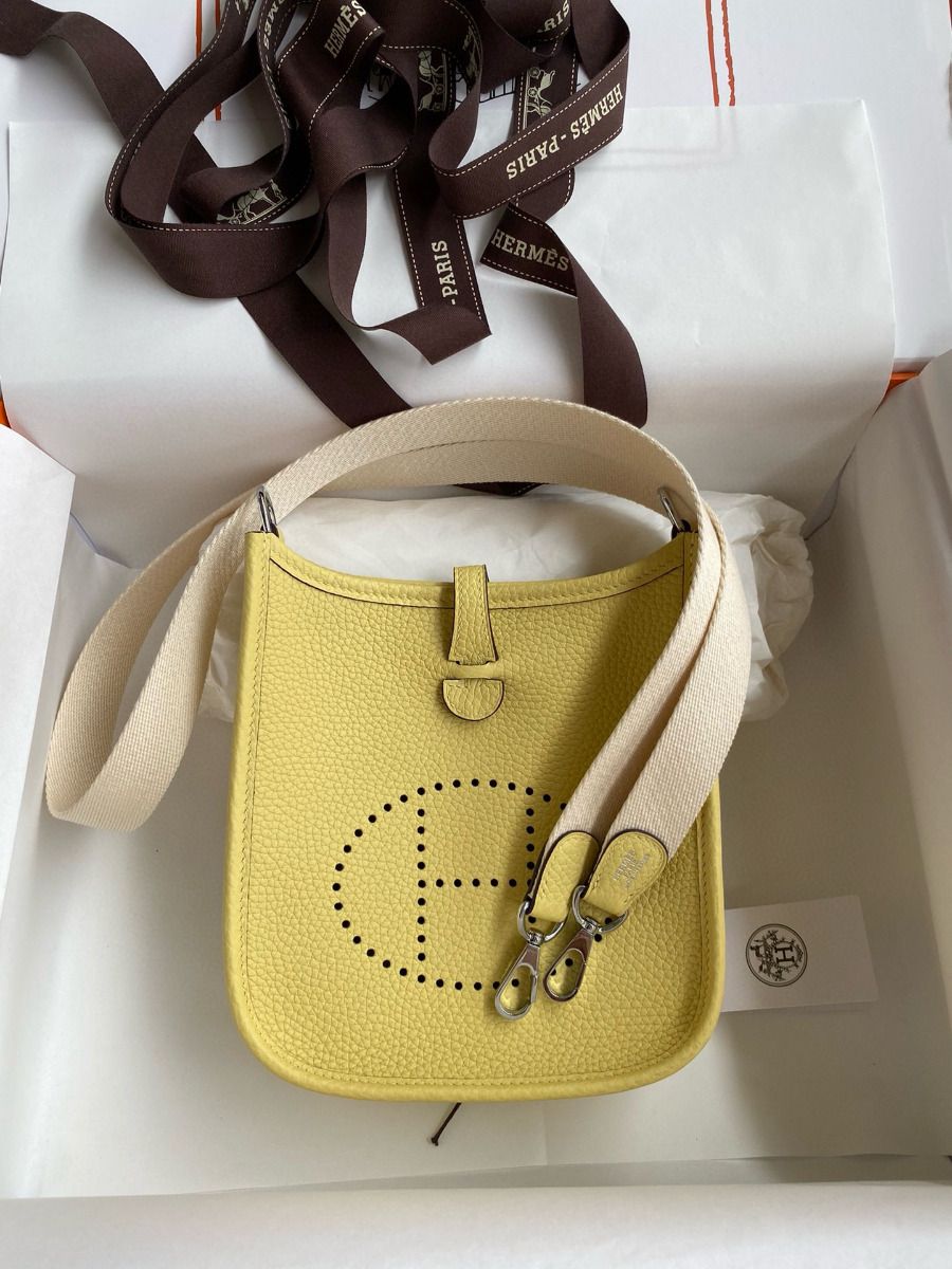 Hermes Evelyne Mini Handmade Bag in Jaune Poussin Clemence Leather - Image 10
