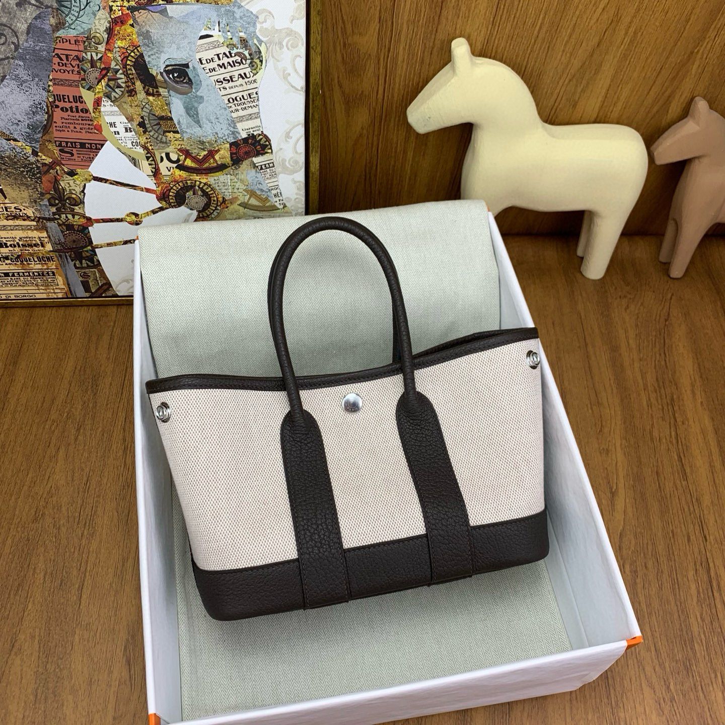 Hermes Neo Garden Party 23 Bag in Canvas and Ebene Negonda Calfskin - Image 3