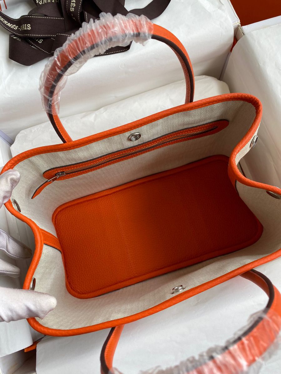 Hermes Garden Party 30 Handmade Bag in Toile and Orange Leather - Image 8