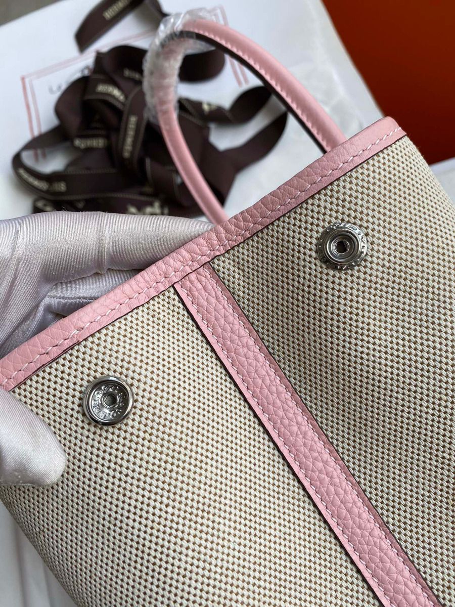 Hermes Garden Party 30 Handmade Bag in Toile and Pink Leather - Image 6