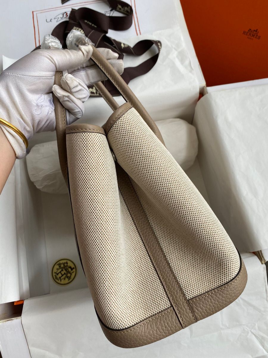 Hermes Garden Party 30 Handmade Bag in Toile and Tourterelle Leather - Image 3