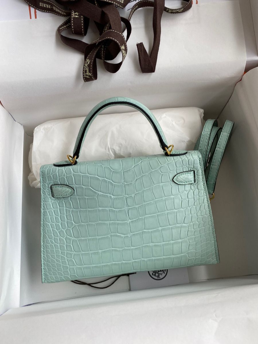 Hermes Kelly Mini II Sellier Handmade Bag In Vert D'eau Matte Alligator Leather - Image 3