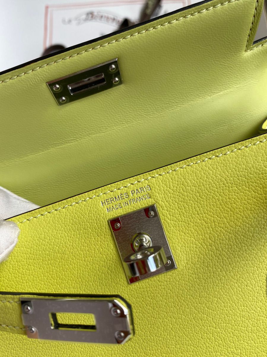 Hermes Kelly Mini II Sellier Handmade Bag In Jaune Bourgeon Chevre Mysore Leather - Image 9