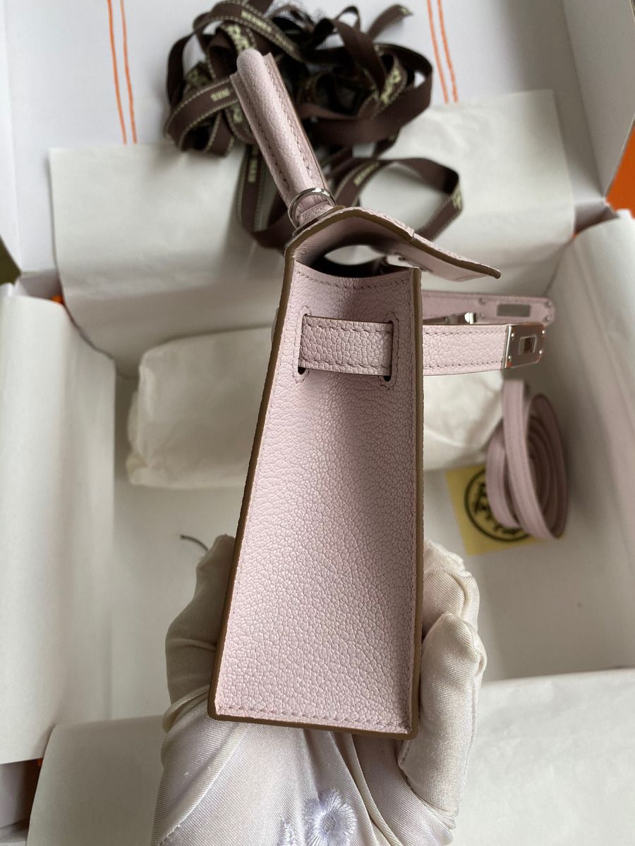 Hermes Kelly Mini II Sellier Handmade Bag In Mauve Pale Chevre Mysore Leather - Image 7