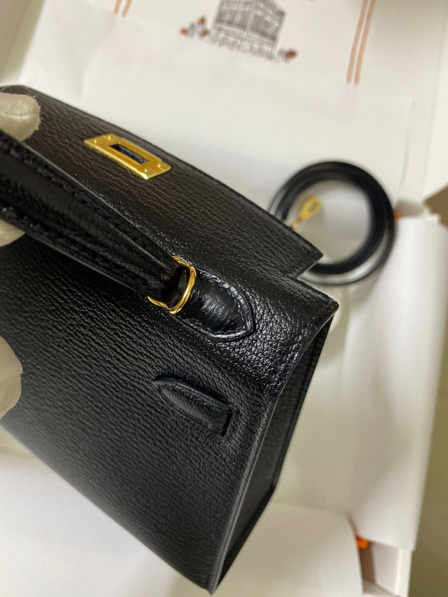 Hermes Kelly Mini II Sellier Handmade Bag In Black Chevre Mysore Leather - Image 8