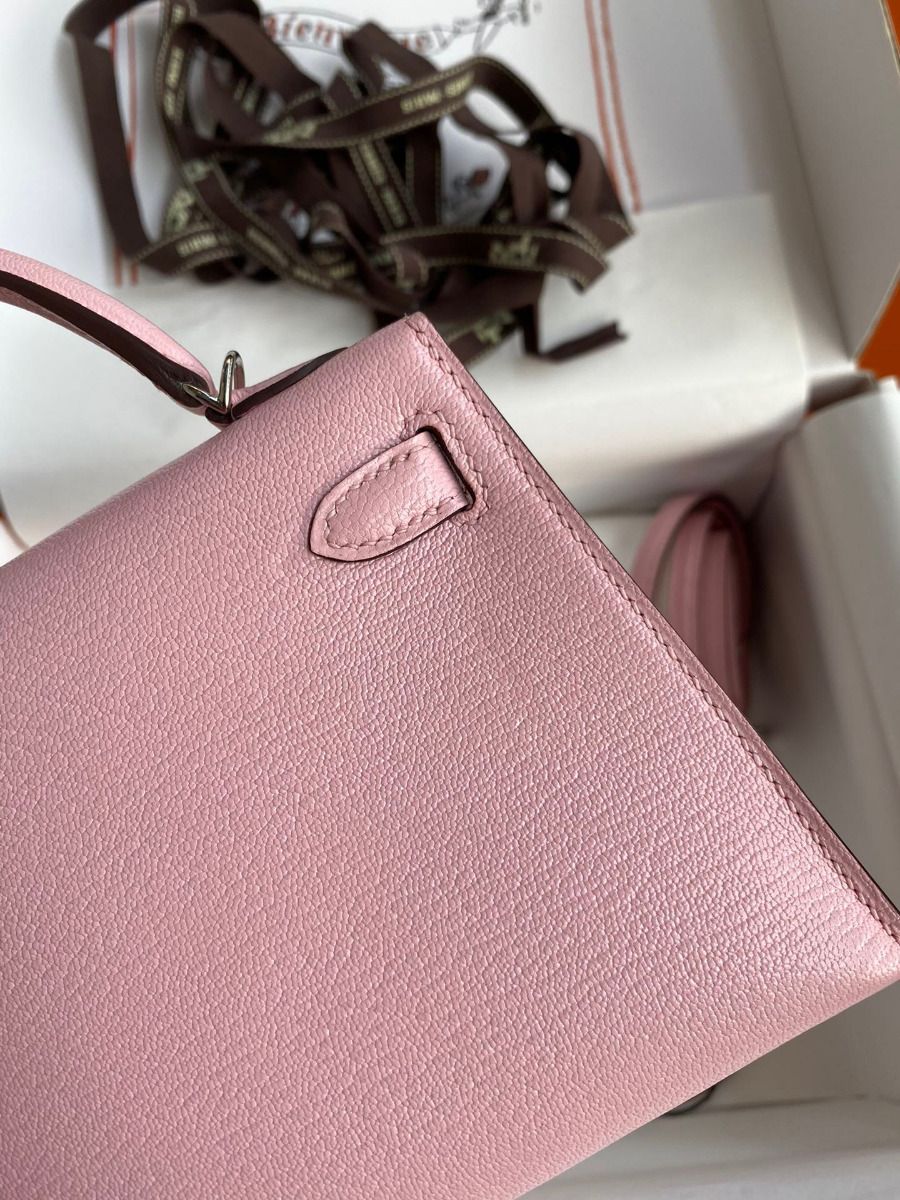 Hermes Kelly Mini II Sellier Handmade Bag In Rose Sakura Chevre Mysore Leather - Image 6