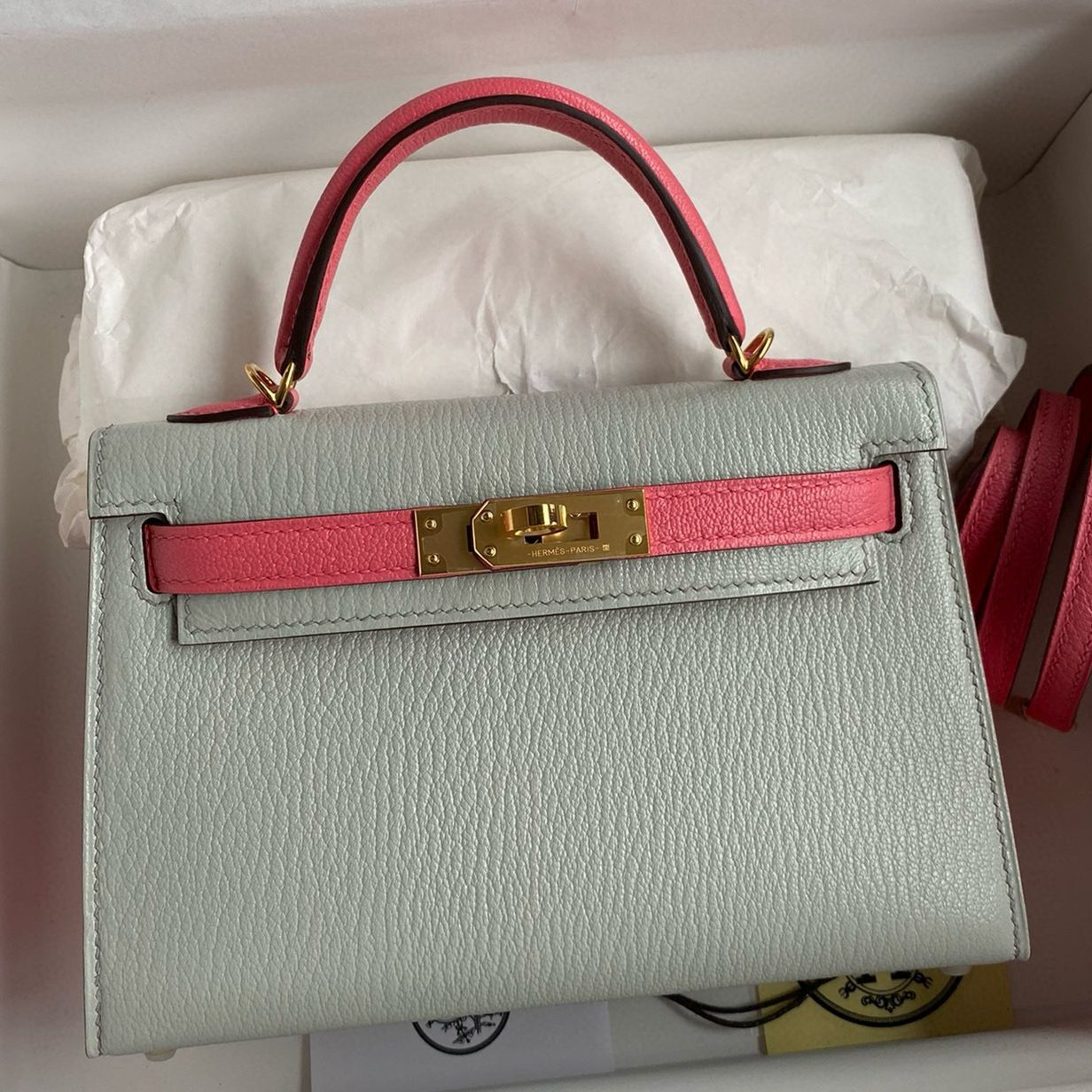 Hermes Kelly Mini II Sellier Bicolor Handmade Bag in Pearl Grey and Rose Azalee Chevre Mysore Leather