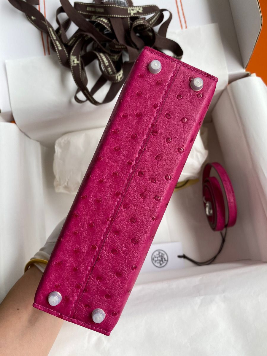 Hermes Kelly Mini II Sellier Handmade Bag In Rose Red Ostrich Leather - Image 4