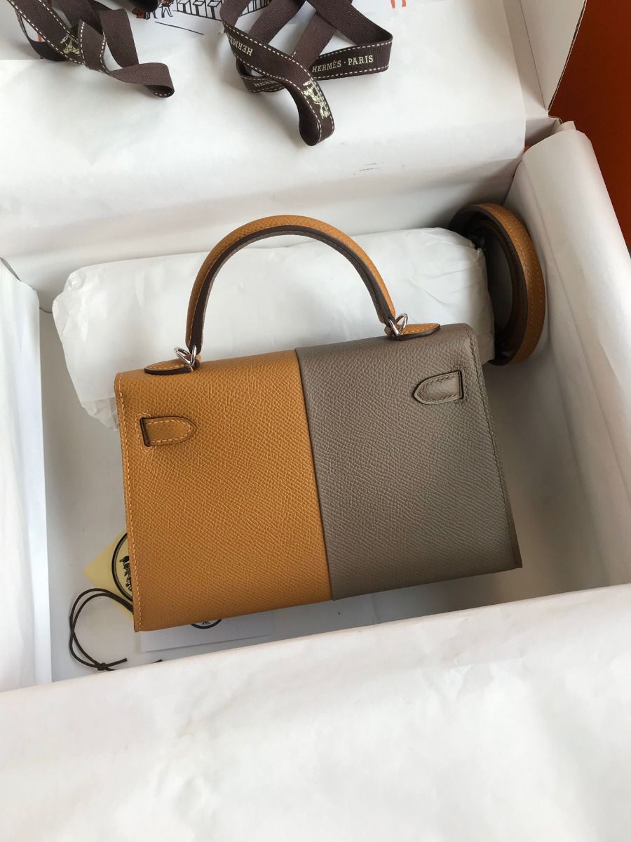 Hermes Kelly Mini II Sellier Tri-color Bag In Taupe/Sesame/Blue Nuit Epsom Calfskin - Image 3