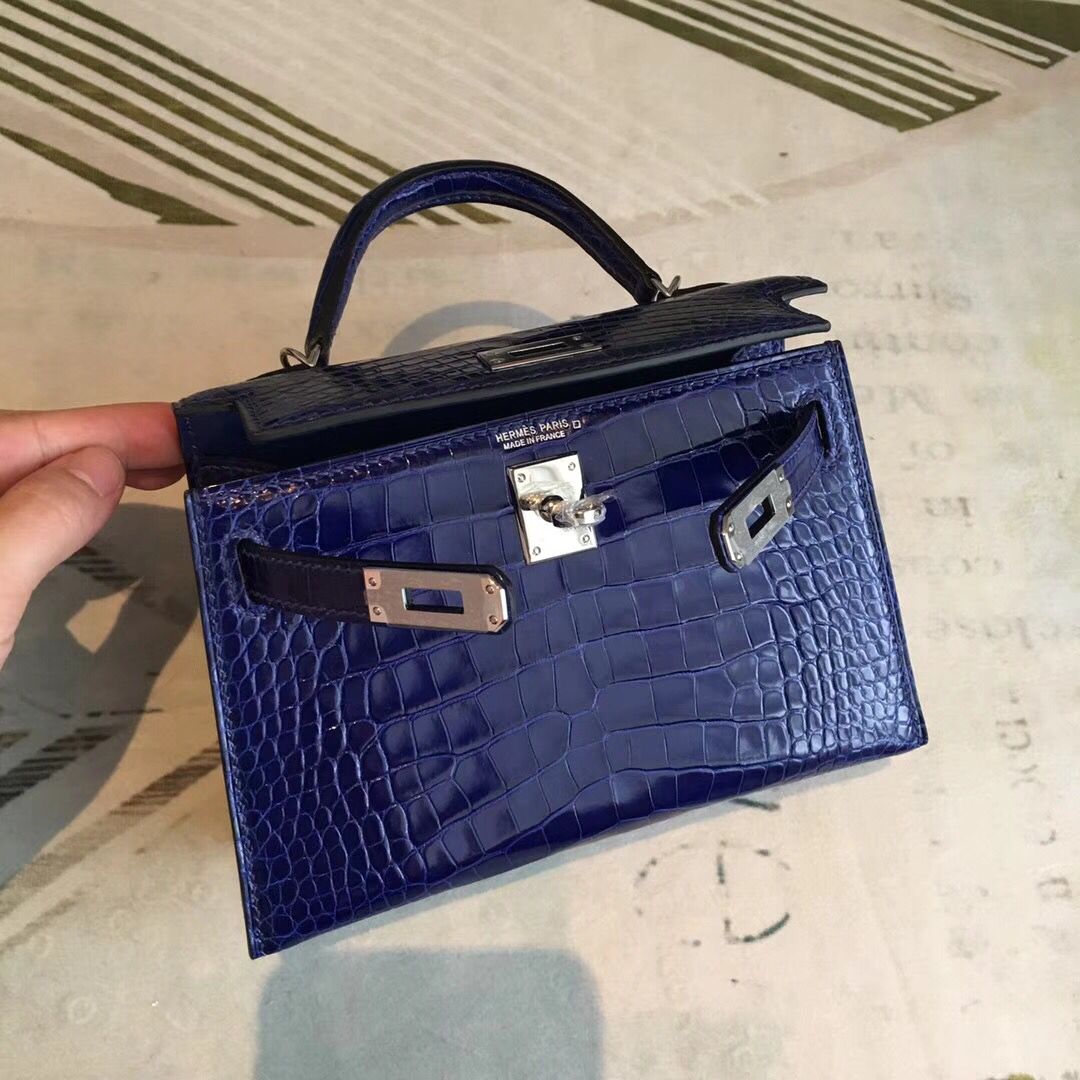 Hermes Kelly Mini II Handmade Bag In Blue Alligator Crocodile - Image 6