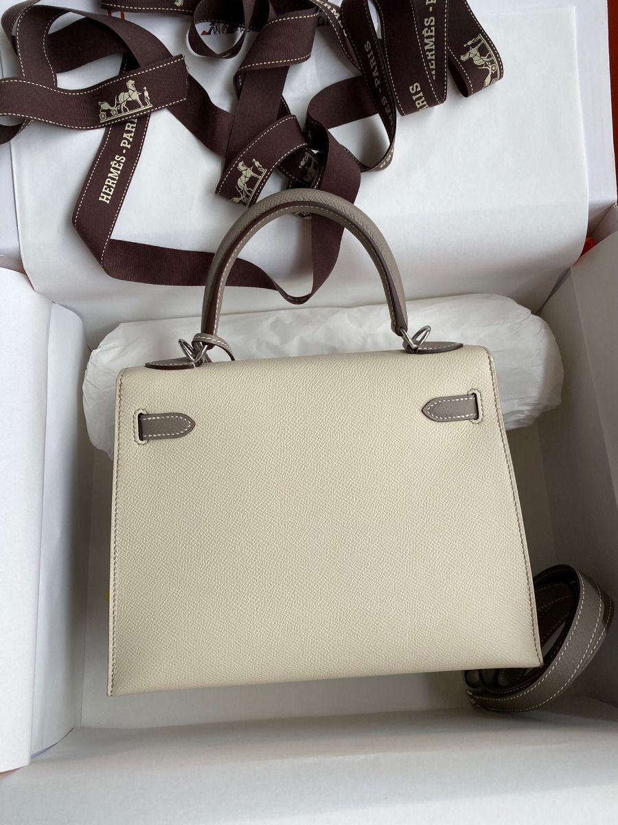 Hermes Kelly Sellier 25 Bicolor Bag in Craie and Gris Asphalt Epsom Calfskin - Image 3