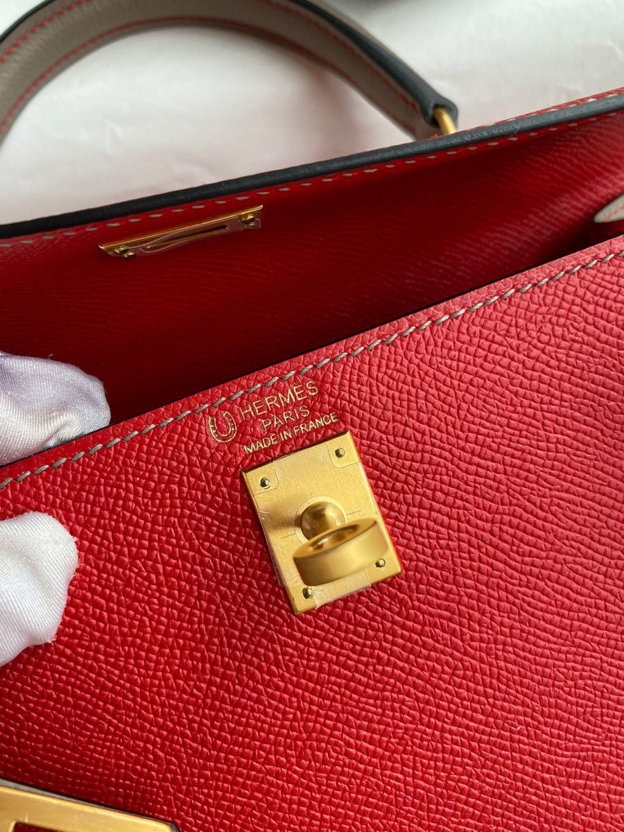 Hermes Kelly Sellier 25 Bicolor Bag in Red and Etain Epsom Calfskin - Image 8
