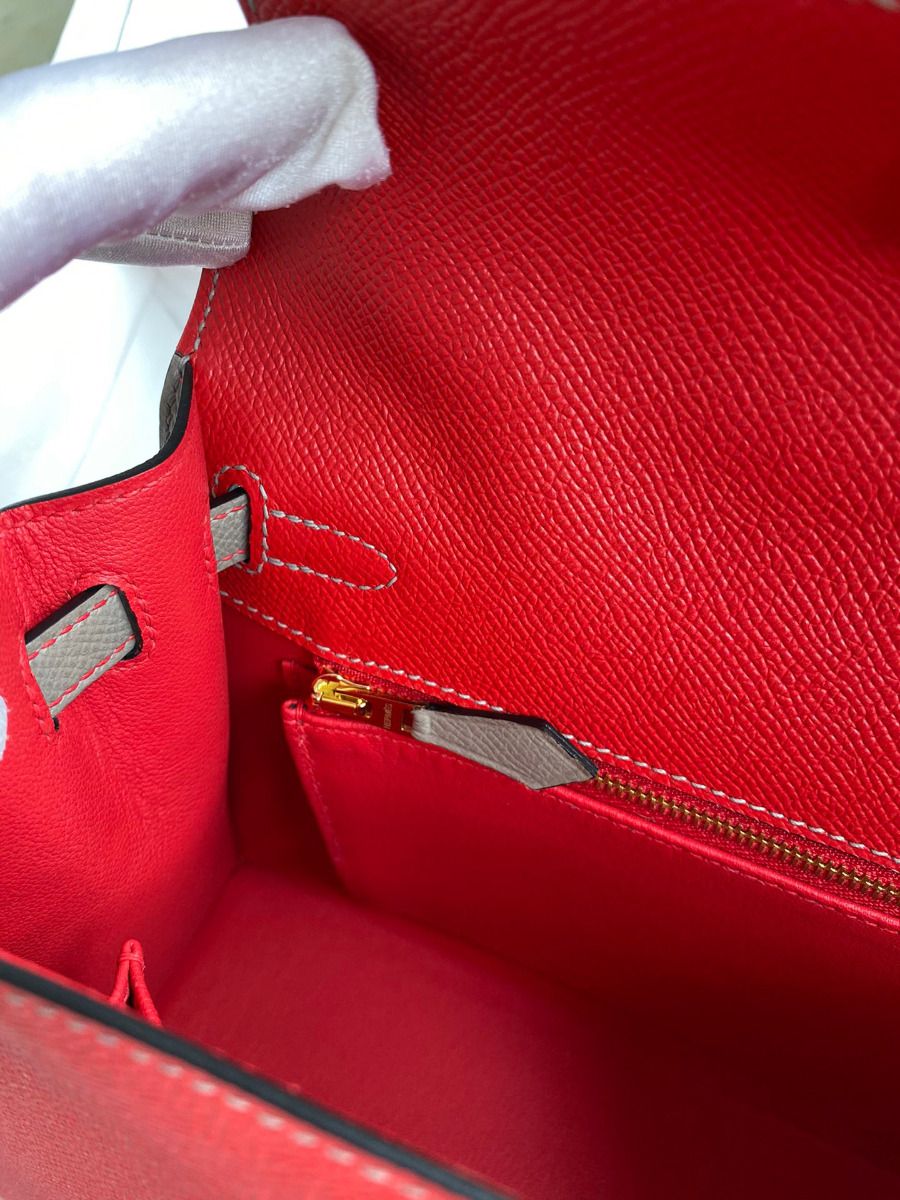 Hermes Kelly Sellier 25 Bicolor Bag in Red and Etain Epsom Calfskin - Image 10