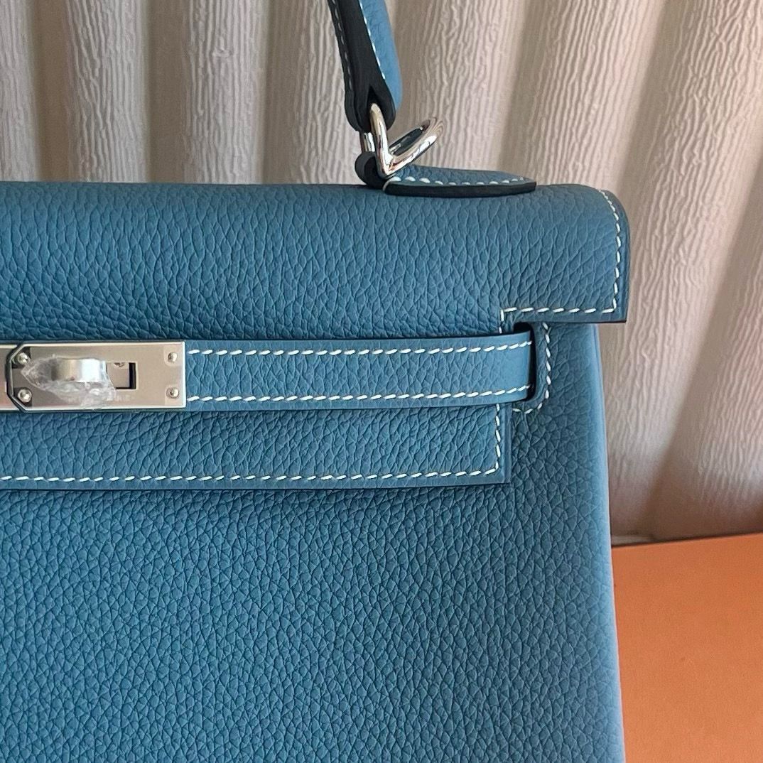 Hermes Kelly Retourne 25 Handmade Bag Blue Jean Clemence Leather - Image 3