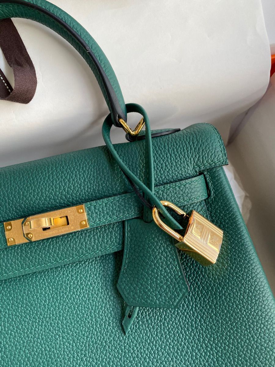 Hermes Kelly Retourne 25 Handmade Bag In Blue Paon Clemence Leather - Image 4
