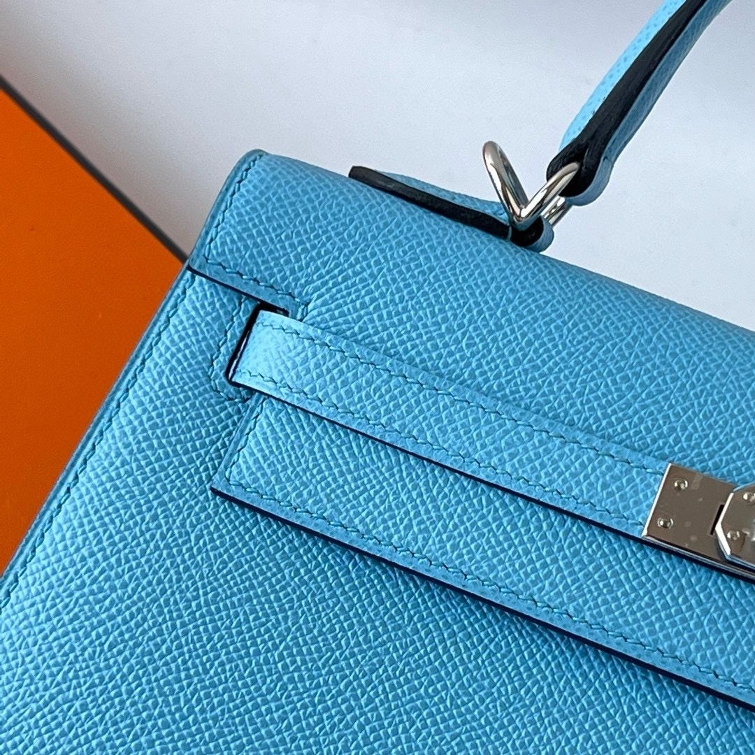 Hermes Kelly Sellier 25 Handmade Bag in Blue Azteque Epsom Calfskin - Image 4