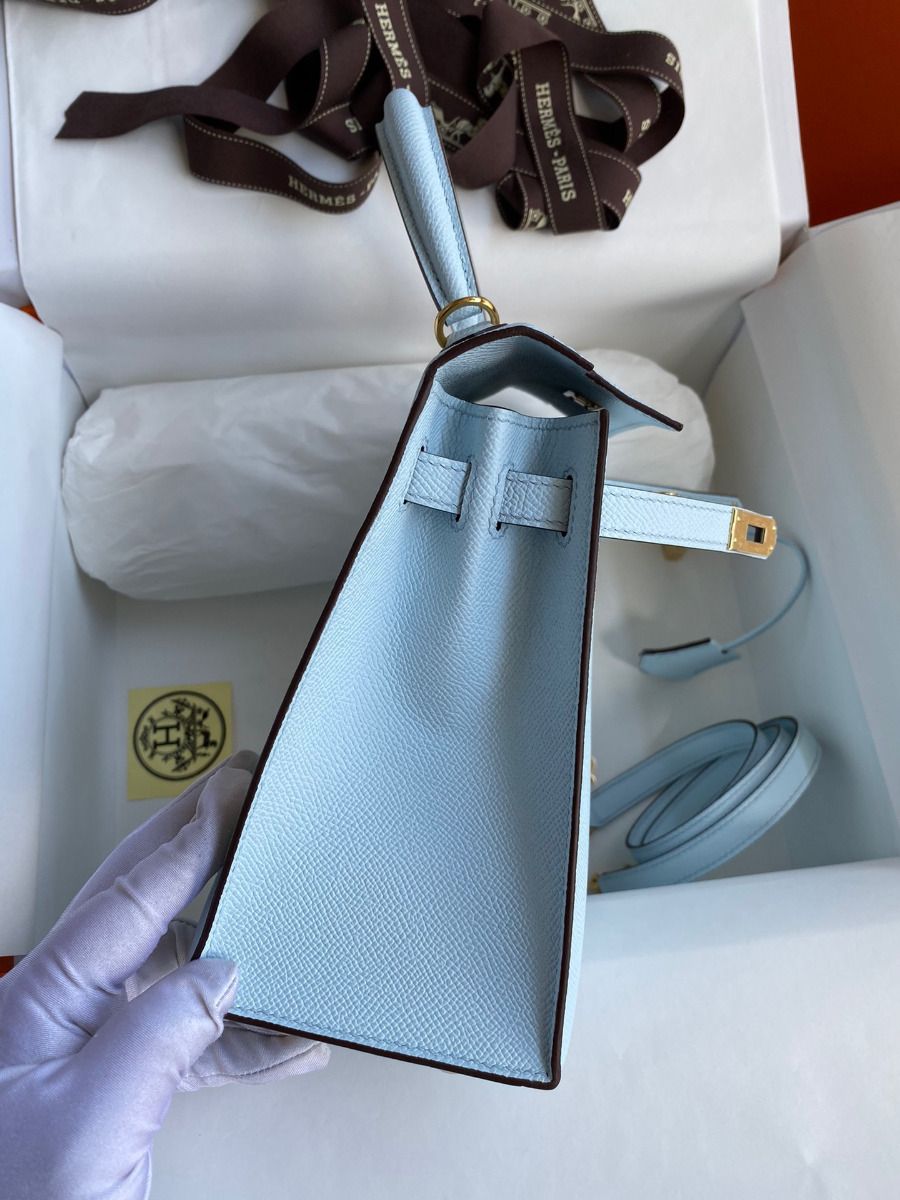 Hermes Kelly Sellier 25 Handmade Bag In Celeste Epsom Calfskin - Image 6