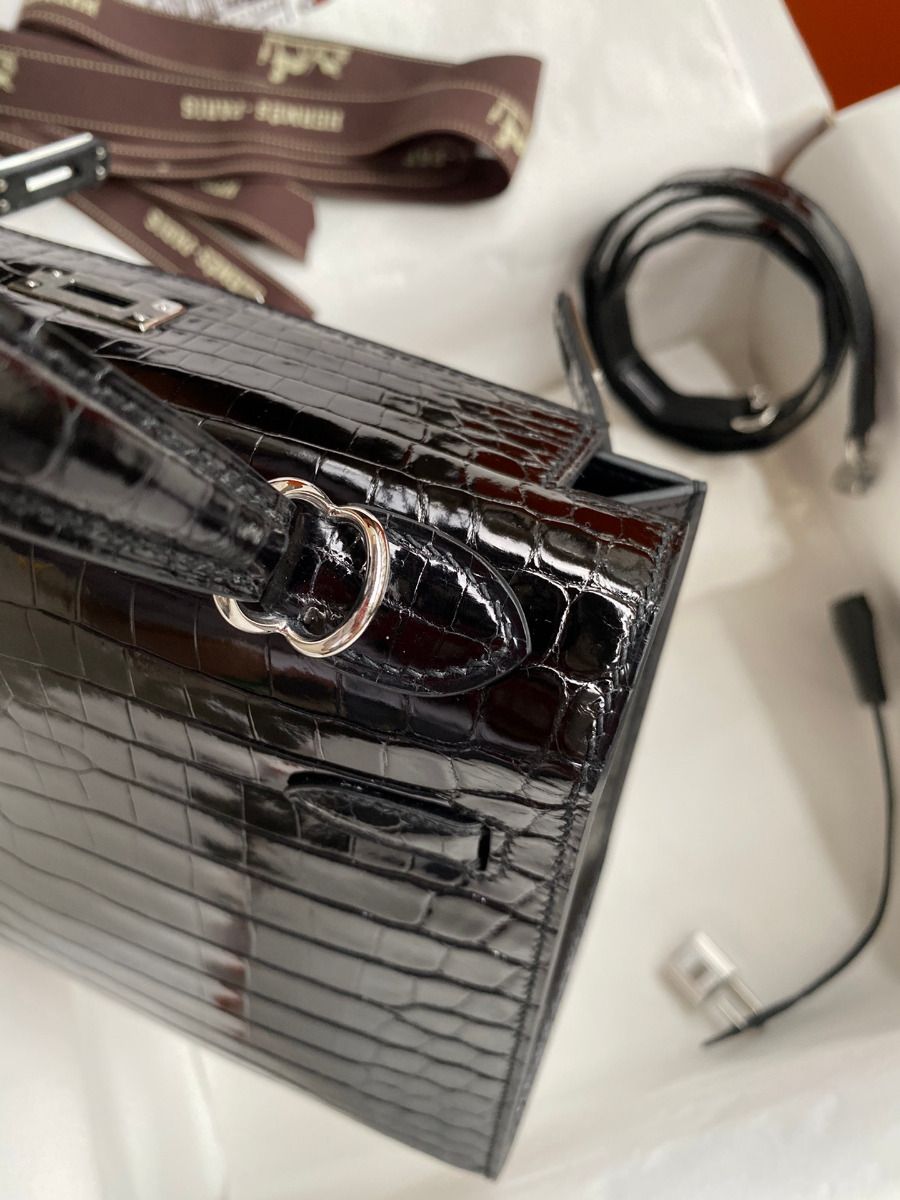 Hermes Kelly Sellier 25 Diamond Bag In Black Crocodile Niloticus Shiny Skin - Image 7
