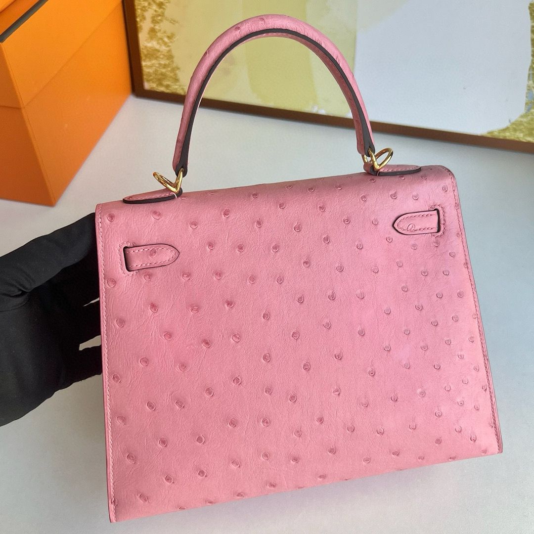 Hermes Kelly Sellier 25 Handmade Bag in Rose Bubblegum Ostrich Leather - Image 6