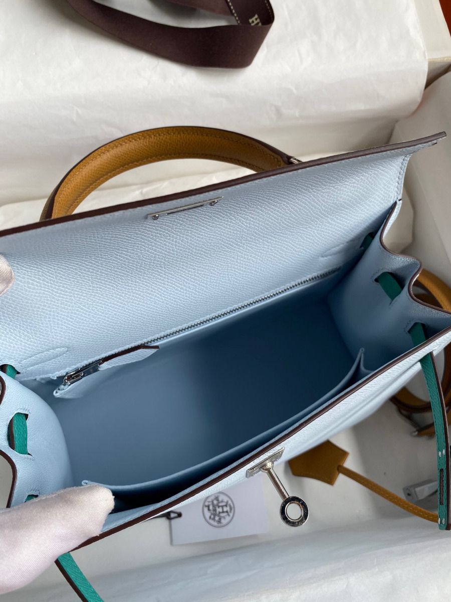 Hermes Kelly Sellier 25 Tricolor Bag in Blue/Green/SesameEpsom Calfskin - Image 9