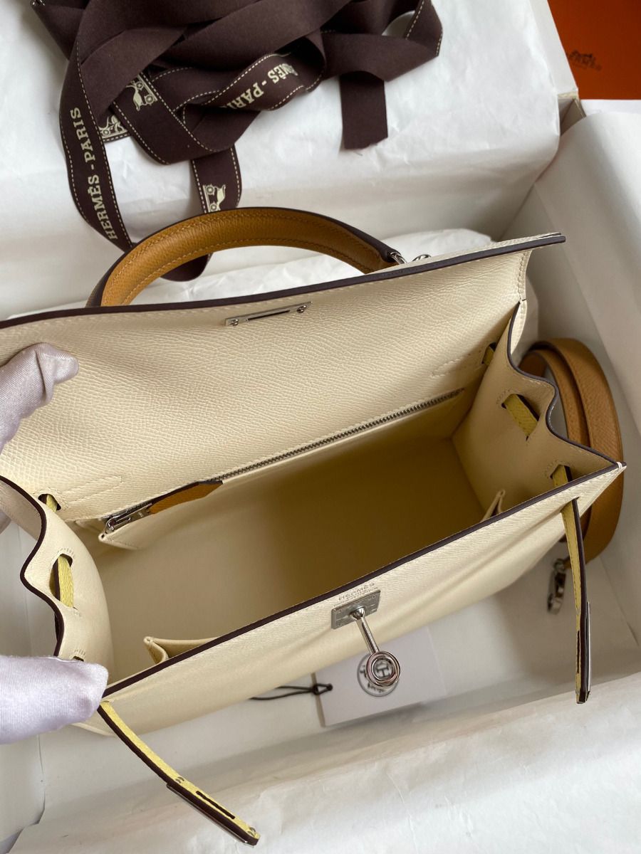 Hermes Kelly Sellier 25 Tricolor Bag in Craie/Sesame/Yellow Epsom Calfskin - Image 9