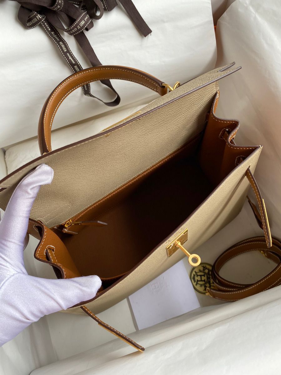 Hermes Kelly Sellier 28 Bicolor Bag in Trench and Gold Epsom Calfskin - Image 8