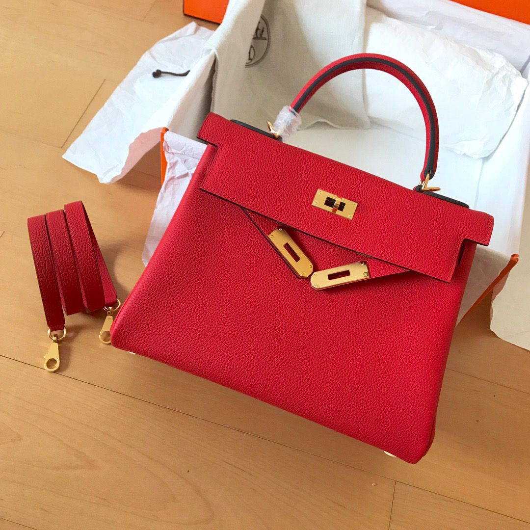 Hermes Kelly Retourne 28 Handmade Bag In Red Clemence Leather - Image 3