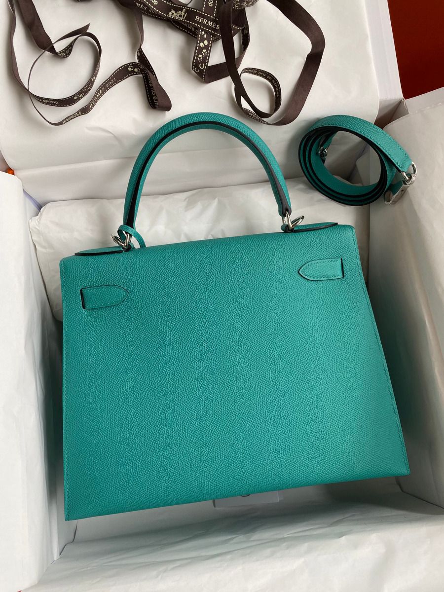 Hermes Kelly Sellier 28 Handmade Bag In Blue Paon Epsom Calfskin - Image 3