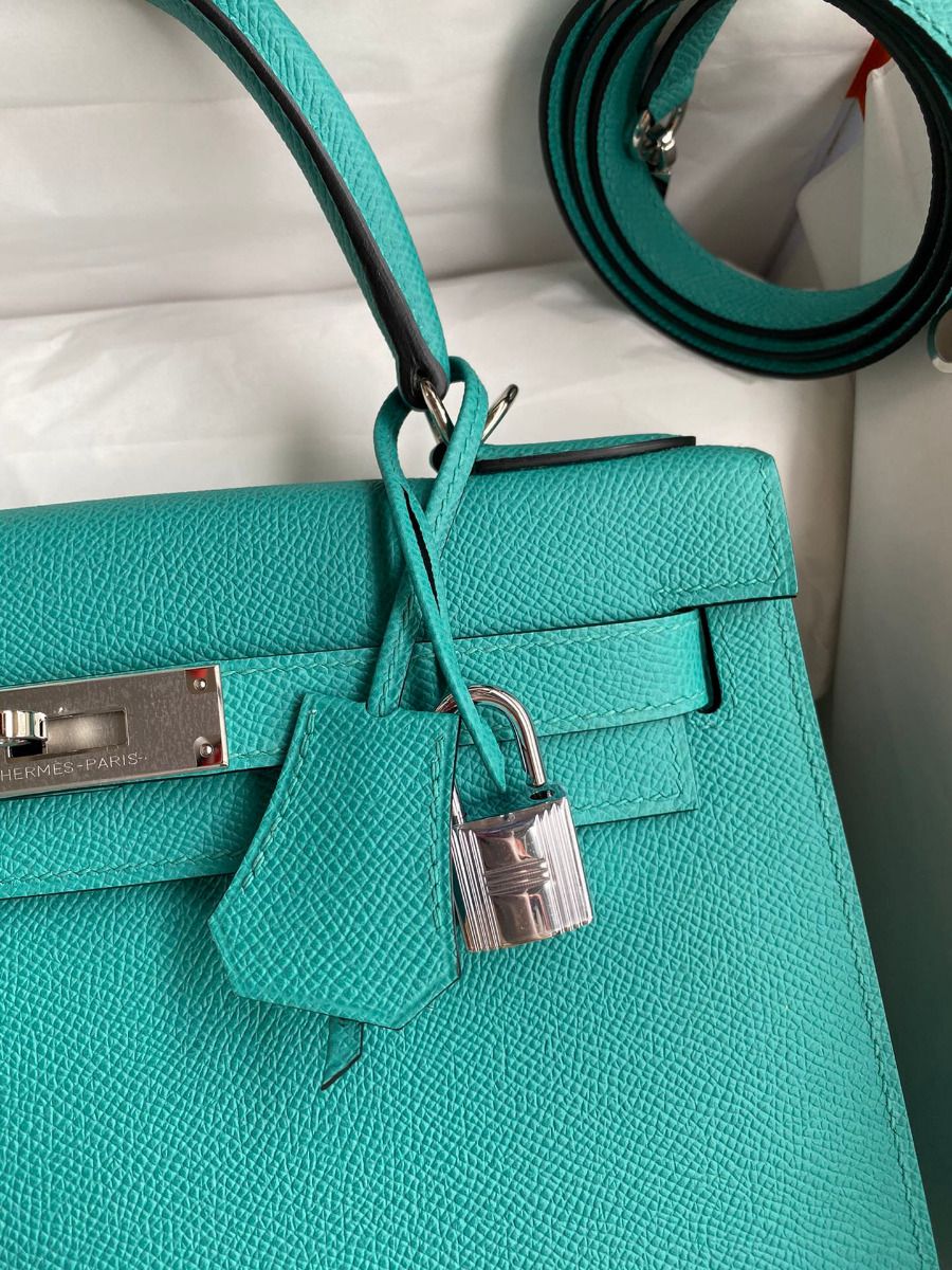 Hermes Kelly Sellier 28 Handmade Bag In Blue Paon Epsom Calfskin - Image 4