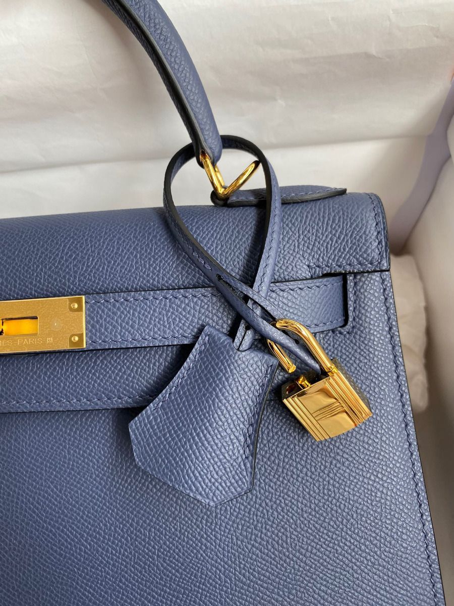Hermes Kelly Sellier 28 Handmade Bag In Blue Saphir Epsom Calfskin - Image 4