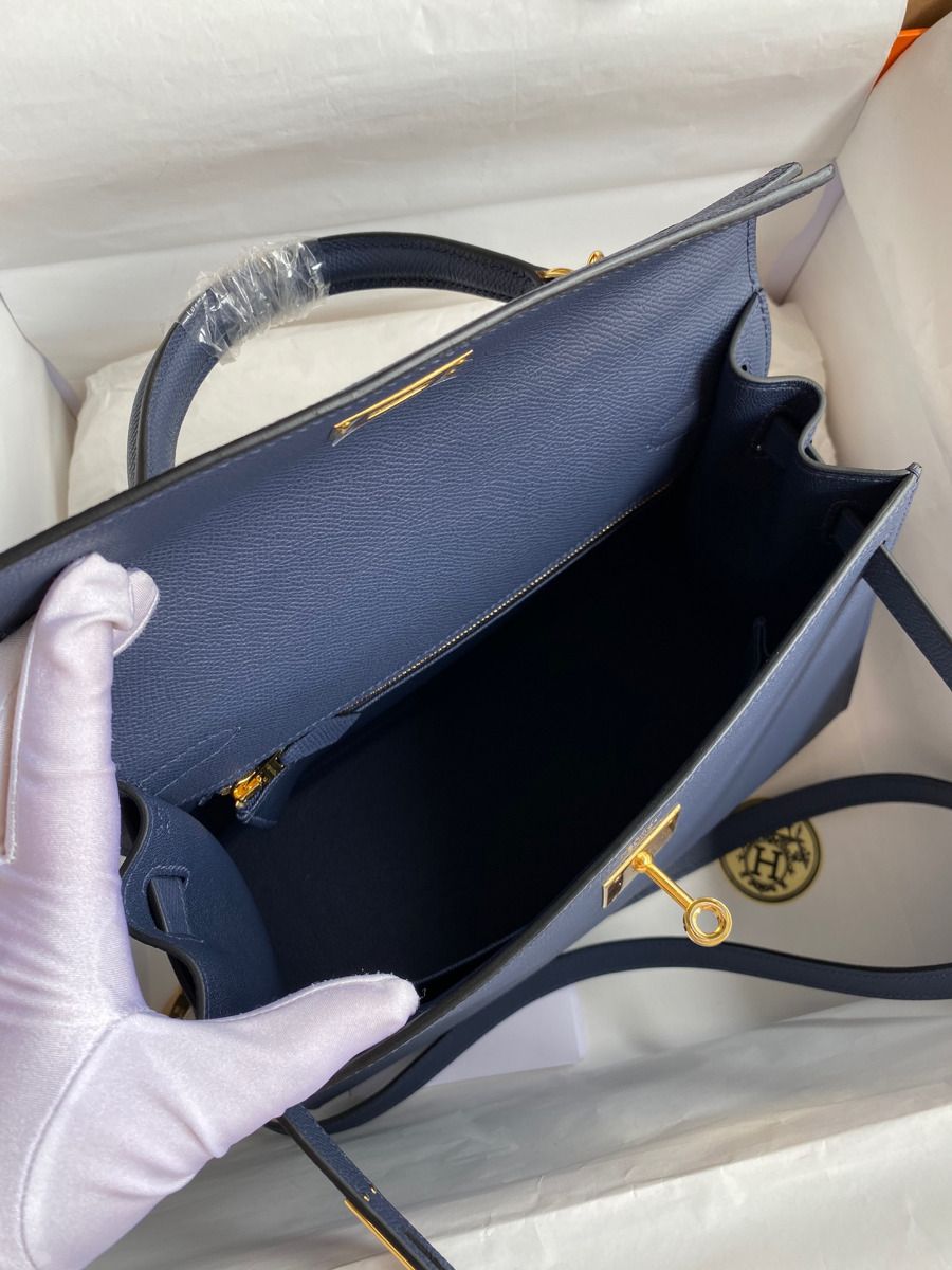 Hermes Kelly Sellier 28 Handmade Bag In Blue Saphir Epsom Calfskin - Image 7