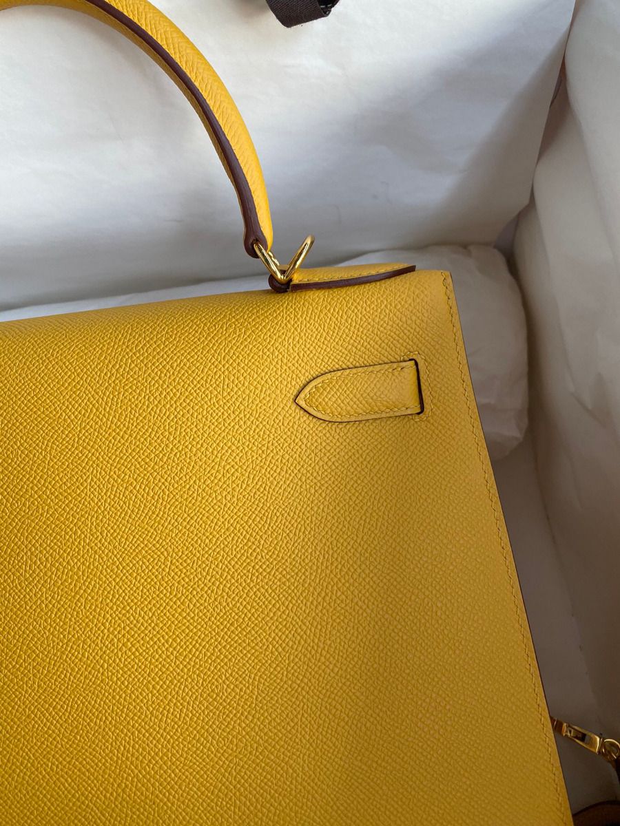 Hermes Kelly Sellier 28 Handmade Bag In Jaune Ambre Epsom Calfskin - Image 5