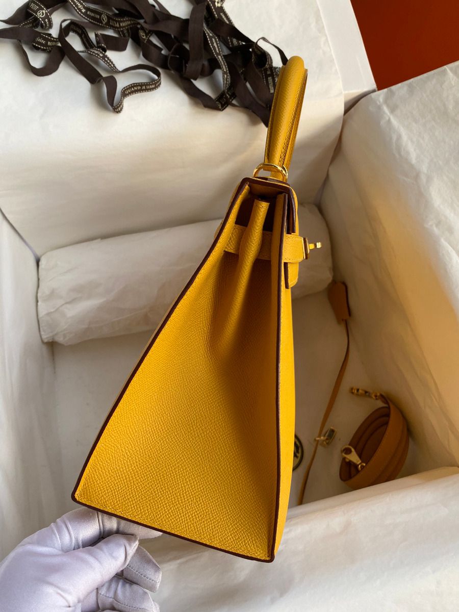 Hermes Kelly Sellier 28 Handmade Bag In Jaune Ambre Epsom Calfskin - Image 6