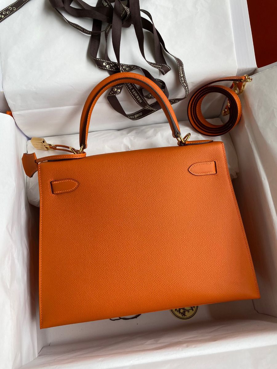 Hermes Kelly Sellier 28 Handmade Bag In Orange Epsom Calfskin - Image 3