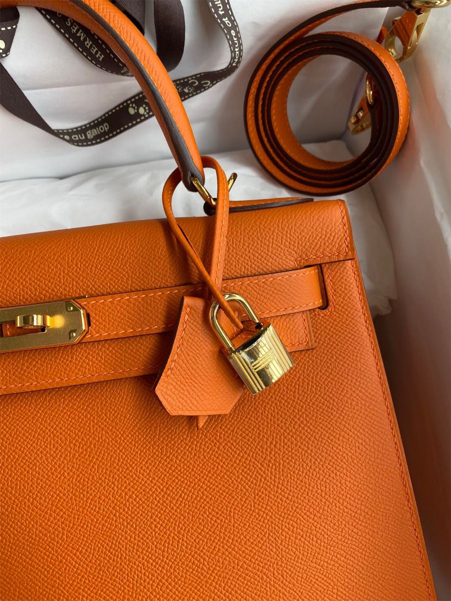 Hermes Kelly Sellier 28 Handmade Bag In Orange Epsom Calfskin - Image 4