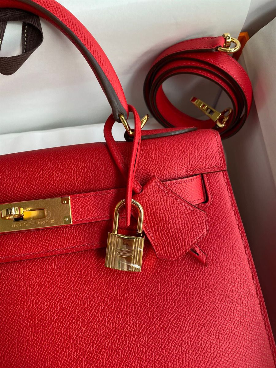 Hermes Kelly Sellier 28 Handmade Bag In Red Epsom Calfskin - Image 4