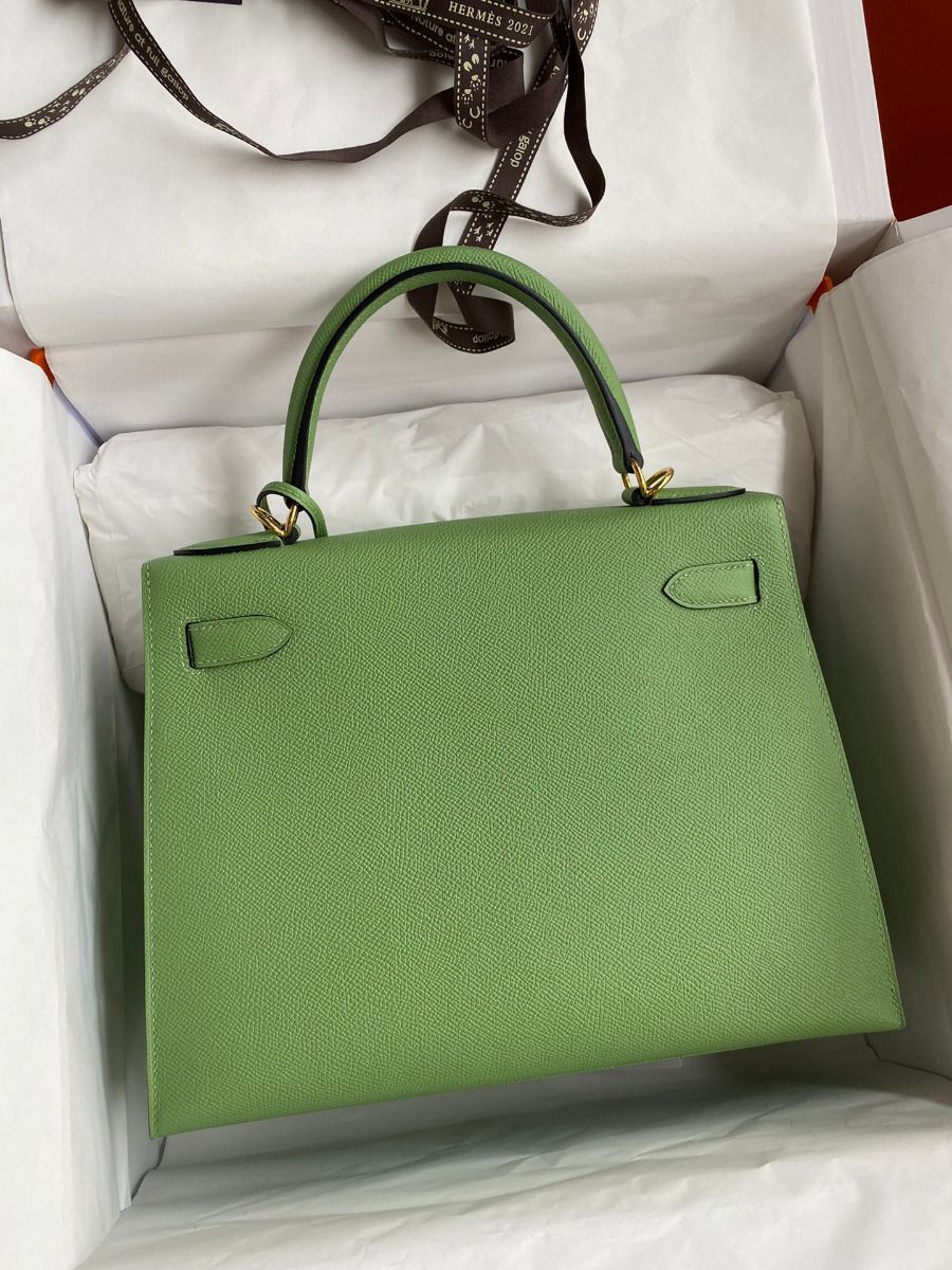 Hermes Kelly Sellier 28 Handmade Bag In Vert Criquet Epsom Calfskin - Image 3