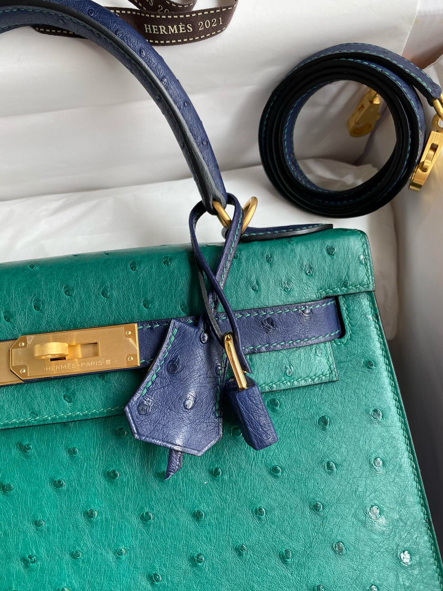 Hermes HSS Kelly 28 Bicolor Bag in Vert Vertigo and Blue Iris Ostrich Leather - Image 4