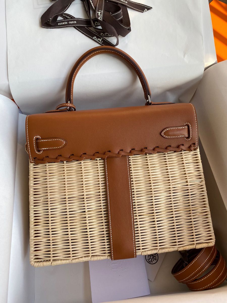 Hermes Picnic Kelly 28cm Bag in Wicker with Barenia Leather - Image 3
