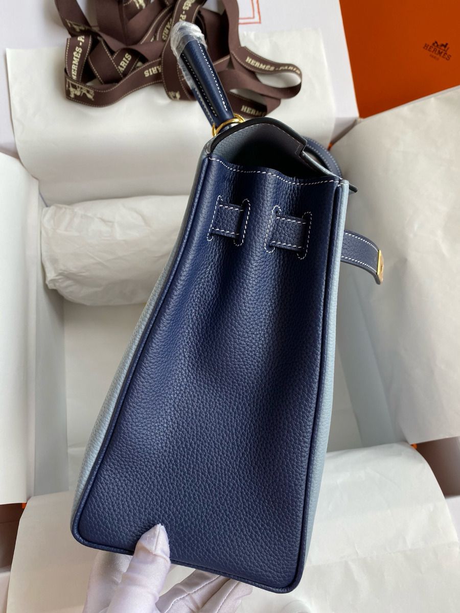Hermes HSS Kelly 32 Bicolor Bag in Blue Lin and Blue Clemence Leather - Image 6