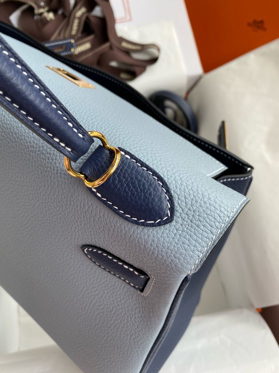 Hermes HSS Kelly 32 Bicolor Bag in Blue Lin and Blue Clemence Leather - Image 7