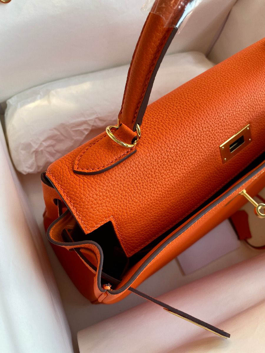Hermes Kelly Retourne 32 Handmade Bag In Orange Clemence Leather - Image 10